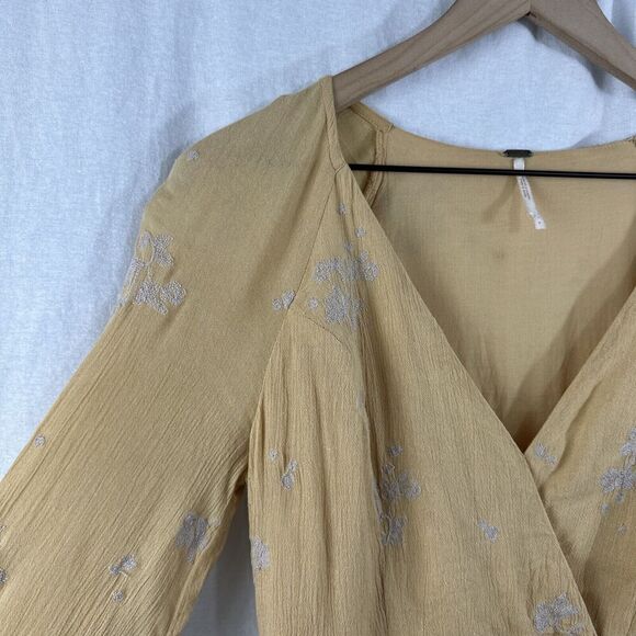Free People Jasmine Embroidered Yellow Flare Sleeve Boho Mini Dress Womens S - Picture 6 of 15